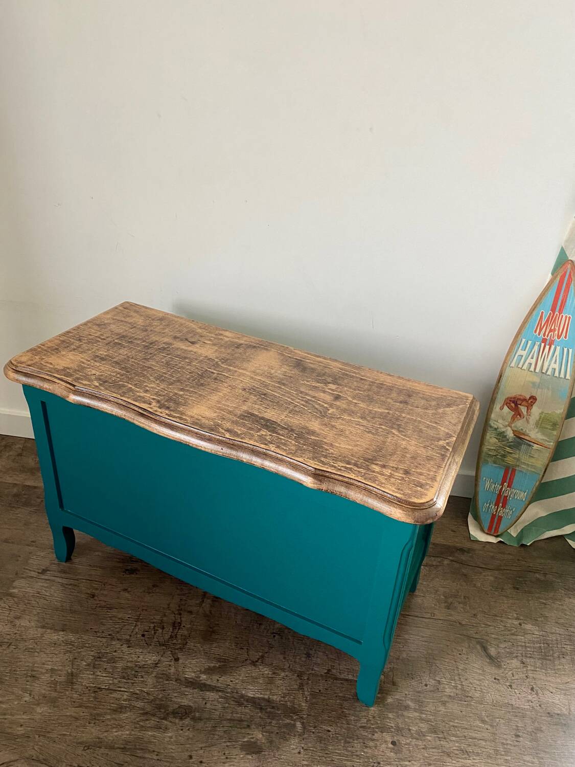 Duck blue and light wood storage chest