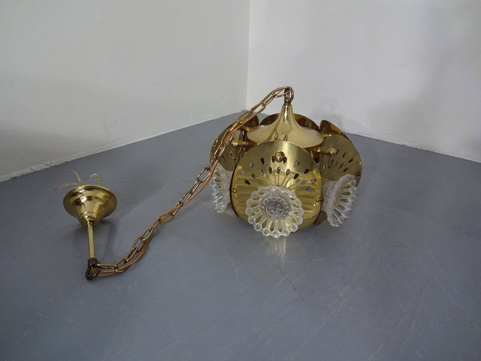 Italian brass and glass ceiling lamp, 1960s