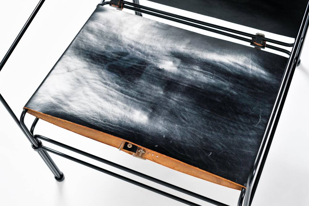 Black modernist design lounge set by Jan van Opzeeland in leather and steel bar, Netherlands, 1980s