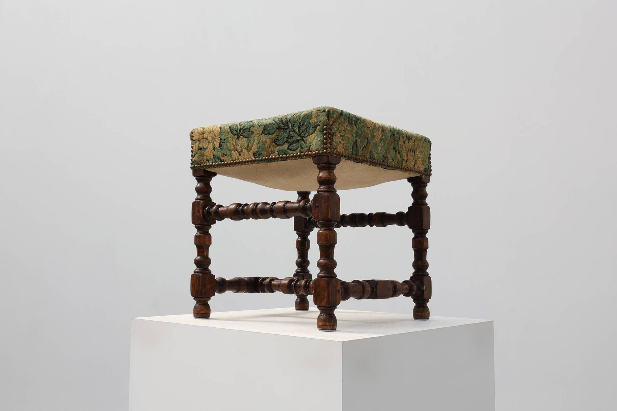 Louis XIII‑Style Walnut Stool with Floral Tapestry Seat, France, circa 1840