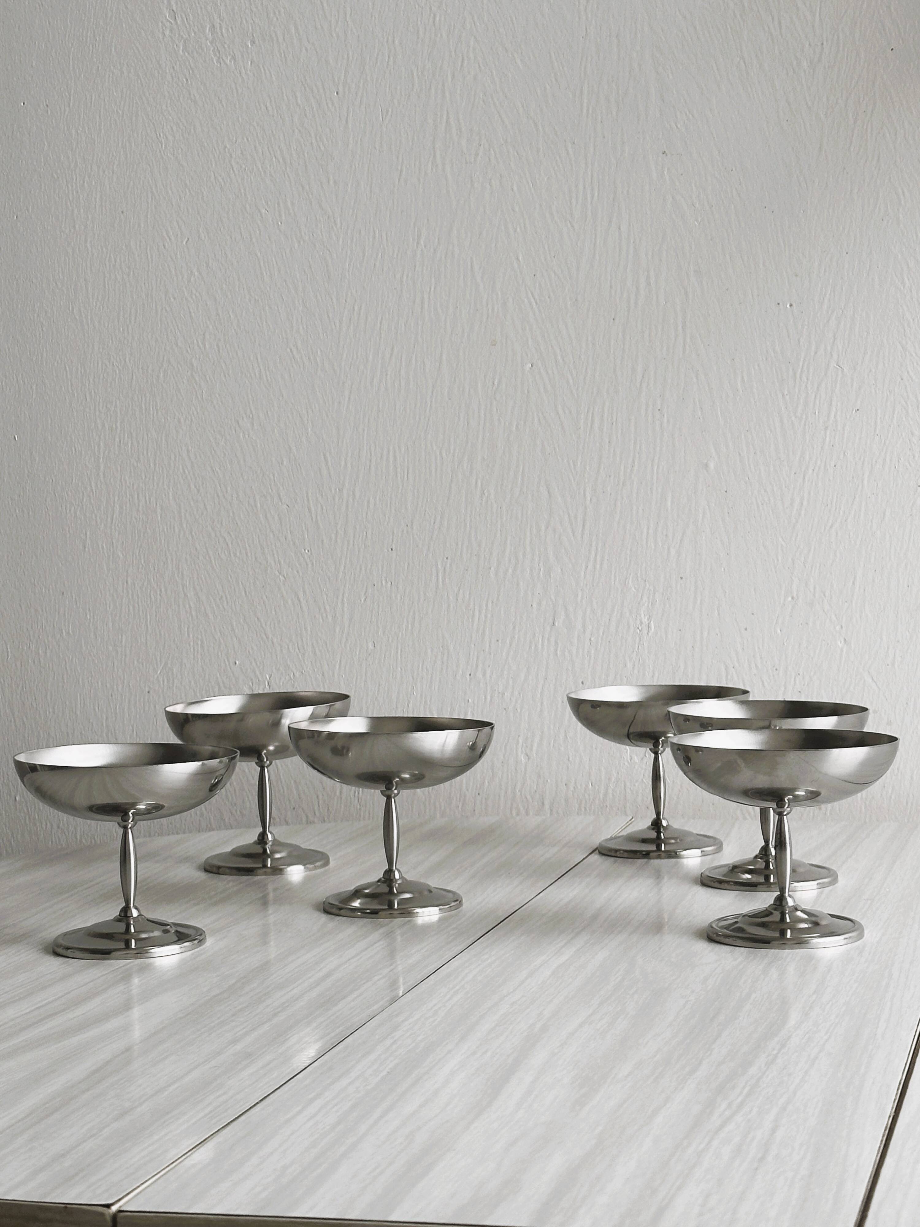 6 stainless steel dessert bowls on foot