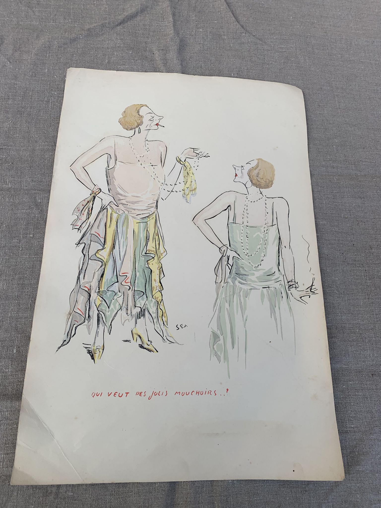Lithograph Who wants my pretty handkerchiefs? SEM, circa 1924 Georges Goursat dit Sem, collector