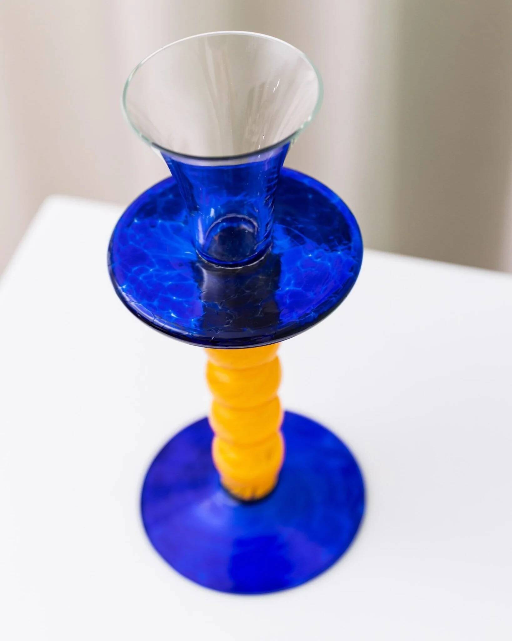 Murano Glass Candleholder - Postmodern Memphis Milano 1980s, Yellow Stem, Cobalt Base, Clear Cup