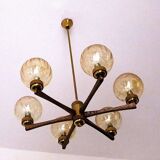 Angelo Brotto gold-plated brass chandelier with 6  globes, Italy 1960s