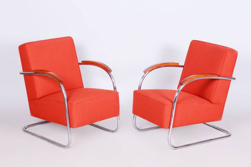 Bauhaus Armchairs in Beech & Chrome attributed to Mücke-Melder, Czech, 1930s, Set of 2