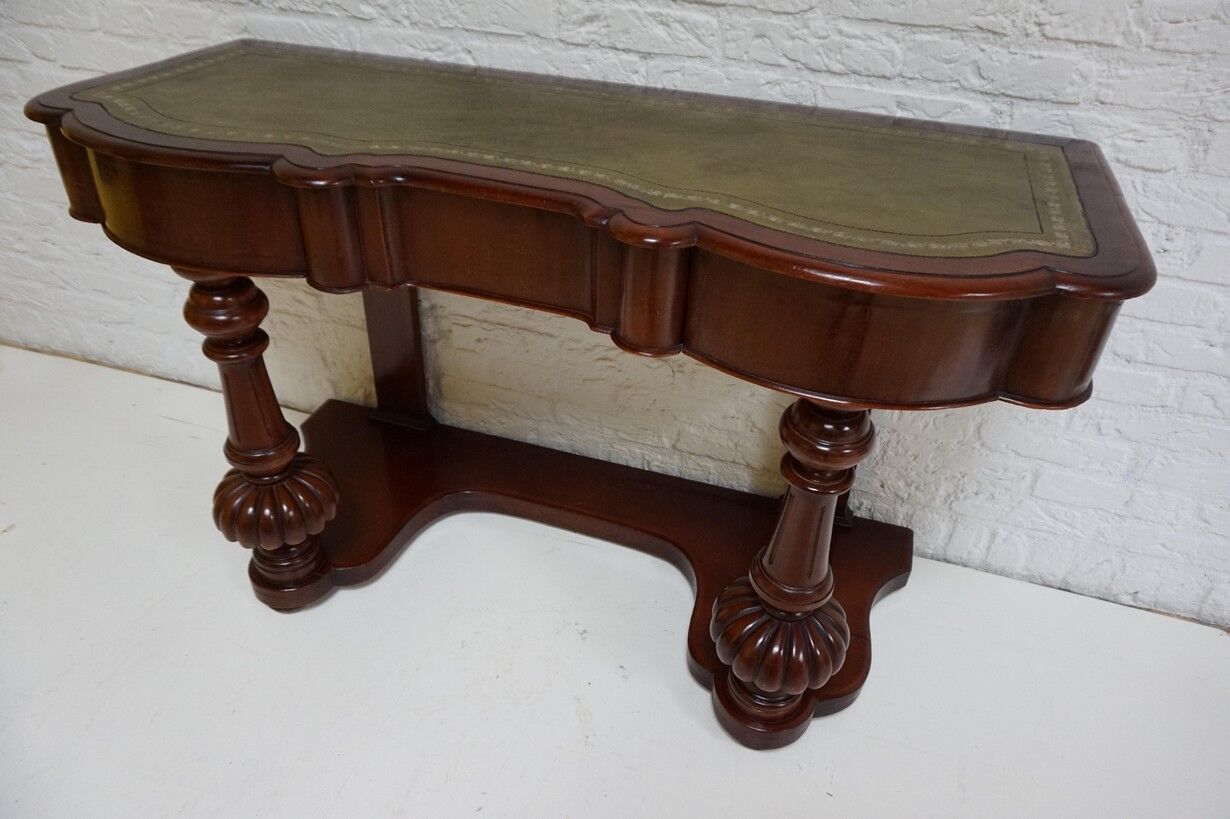 Biedermeier mahogany wall console table or desk with leather inlay top and drawer