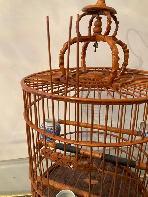 Ancienne cage à oiseaux en bois et rotin