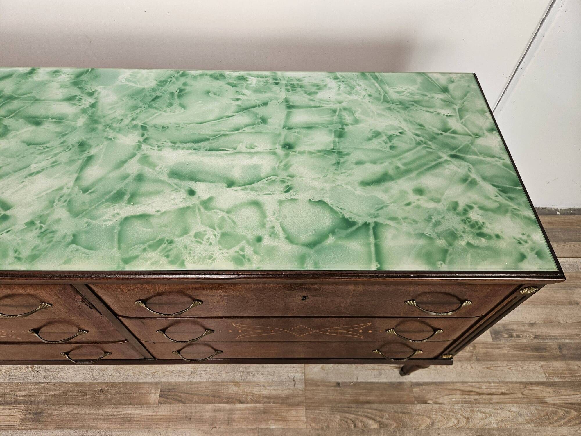 Vintage six-drawer oak chest of drawers with glass top, 1960