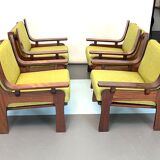 Set of four armchairs and a sofa in wood and green fabric, Italy 1960s