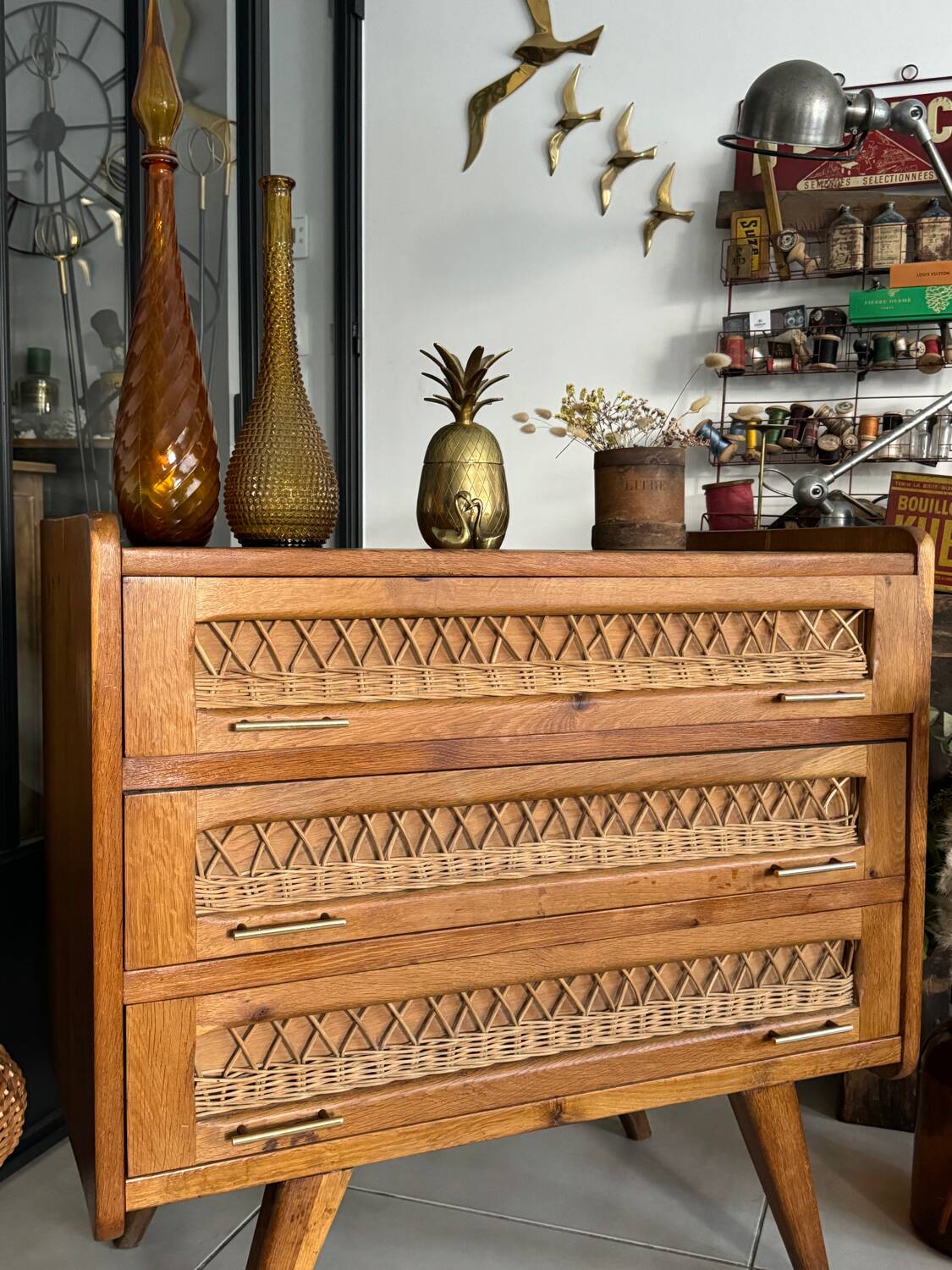 Old vintage wooden and rattan chest of drawers