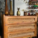 Old vintage wooden and rattan chest of drawers