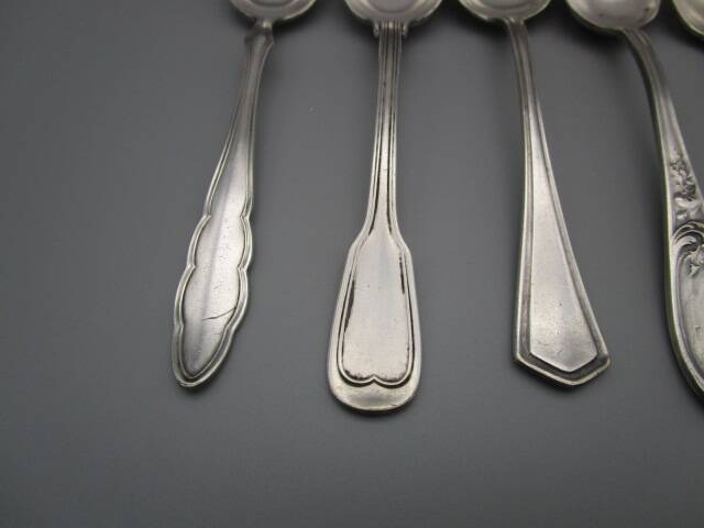Set of 6 small mismatched old silver metal spoons for a chic table