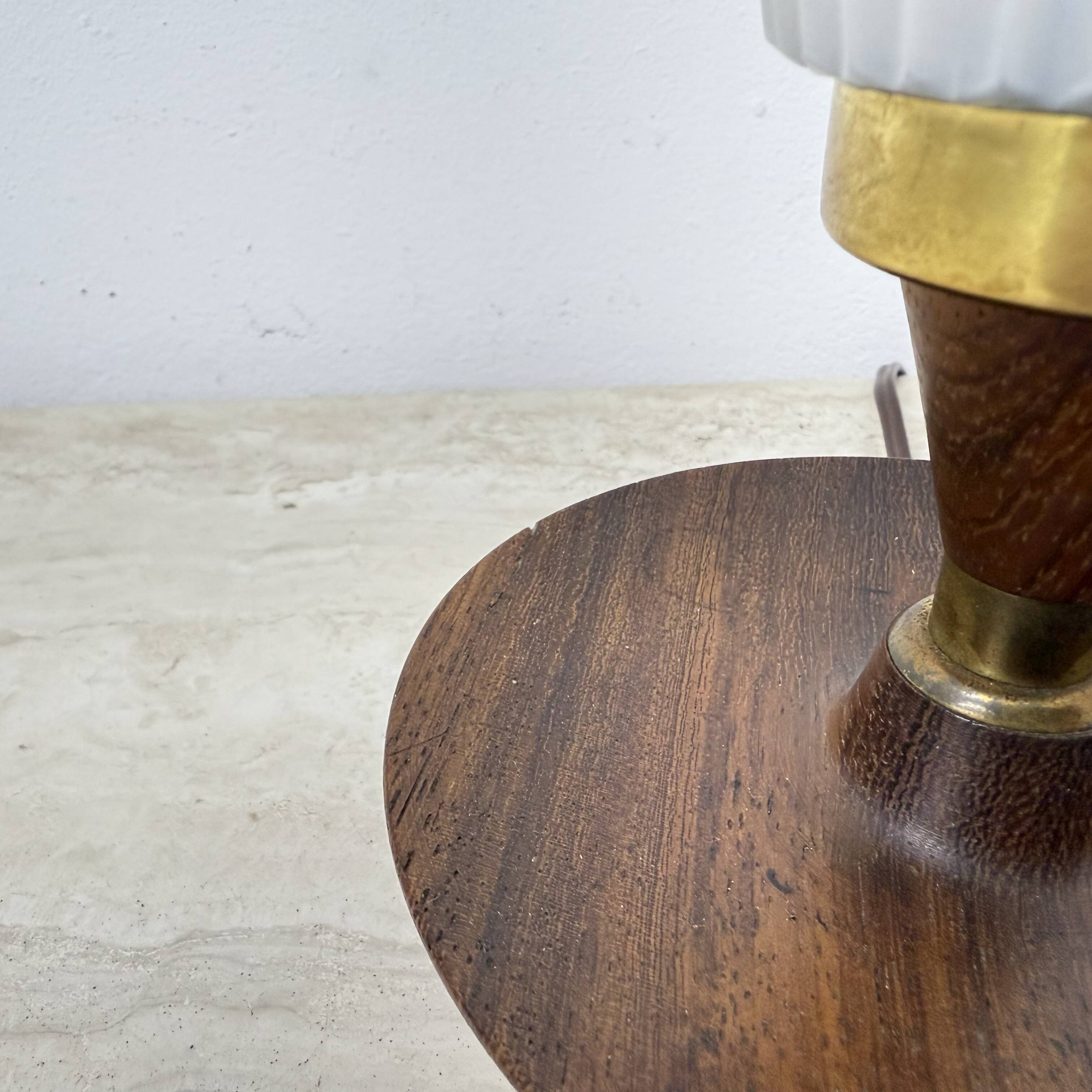 Vintage tripod teak base with opaline glass shade table lamp , 1950s