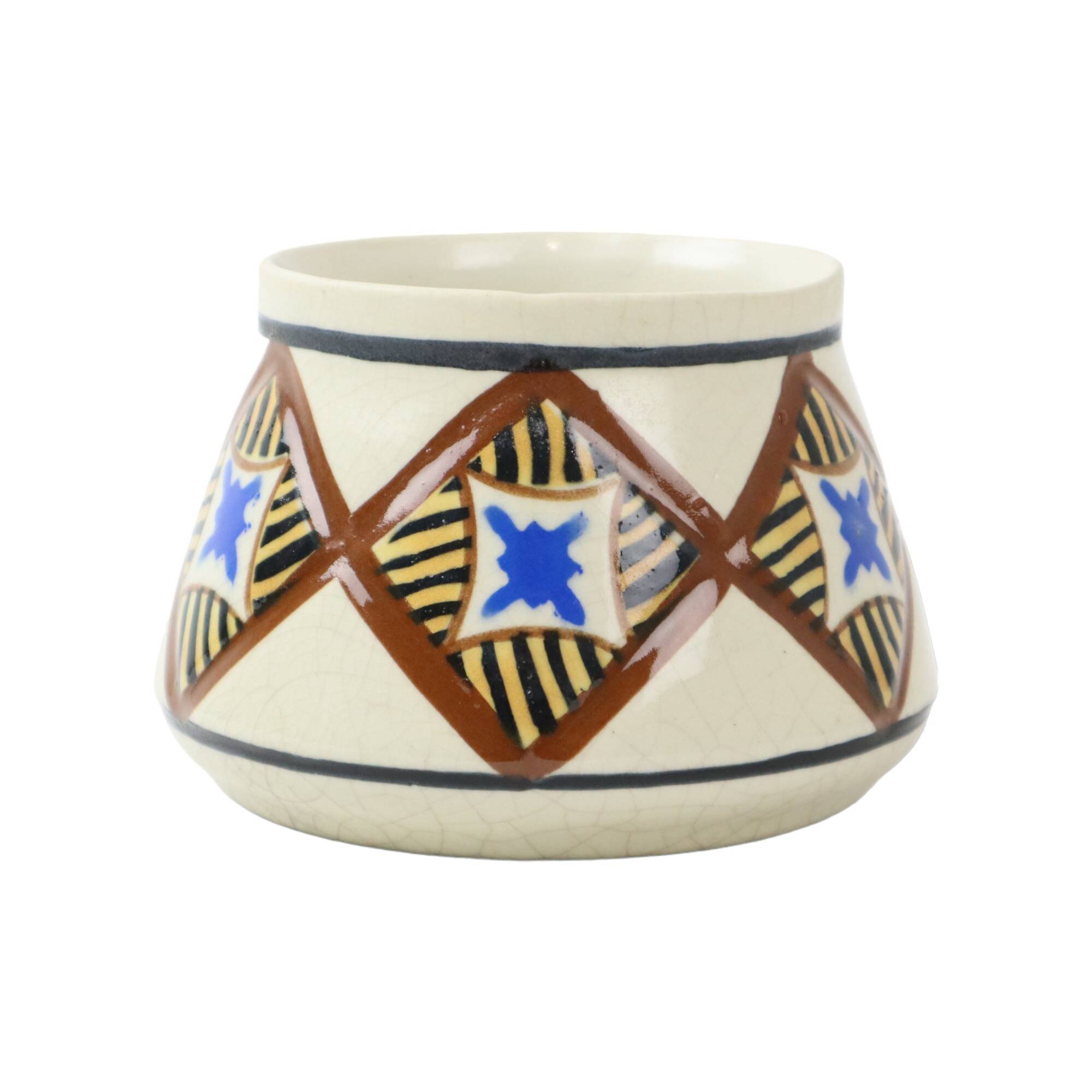 Abstract belgian art deco vase amc white blue black crackle earthenware