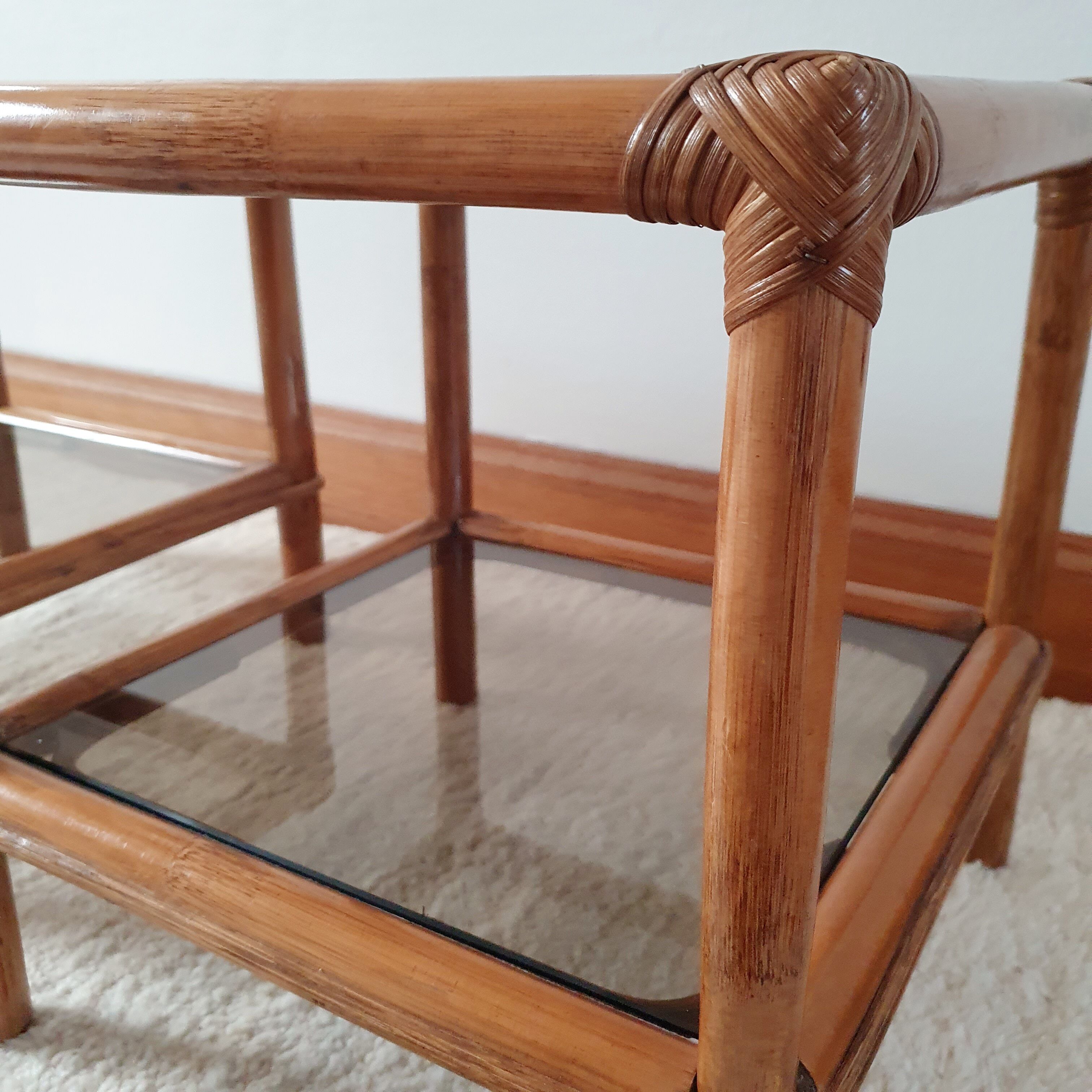 Pair of rattan bedside tables and smoked glass 1970