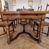 Marquetry wooden dining table with its 6 chairs.