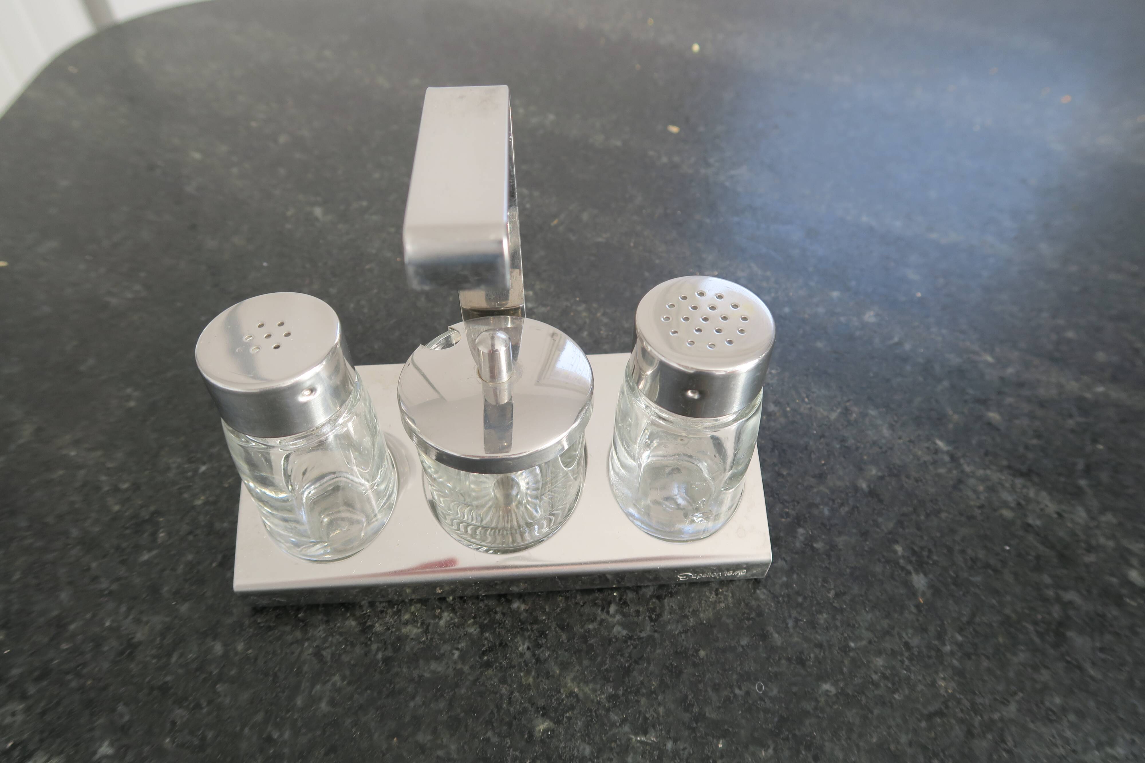 Epsilon condiment service in stainless steel and glass 1970