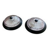Paire de plafonniers en verre légèrement rose et métal noir vintage