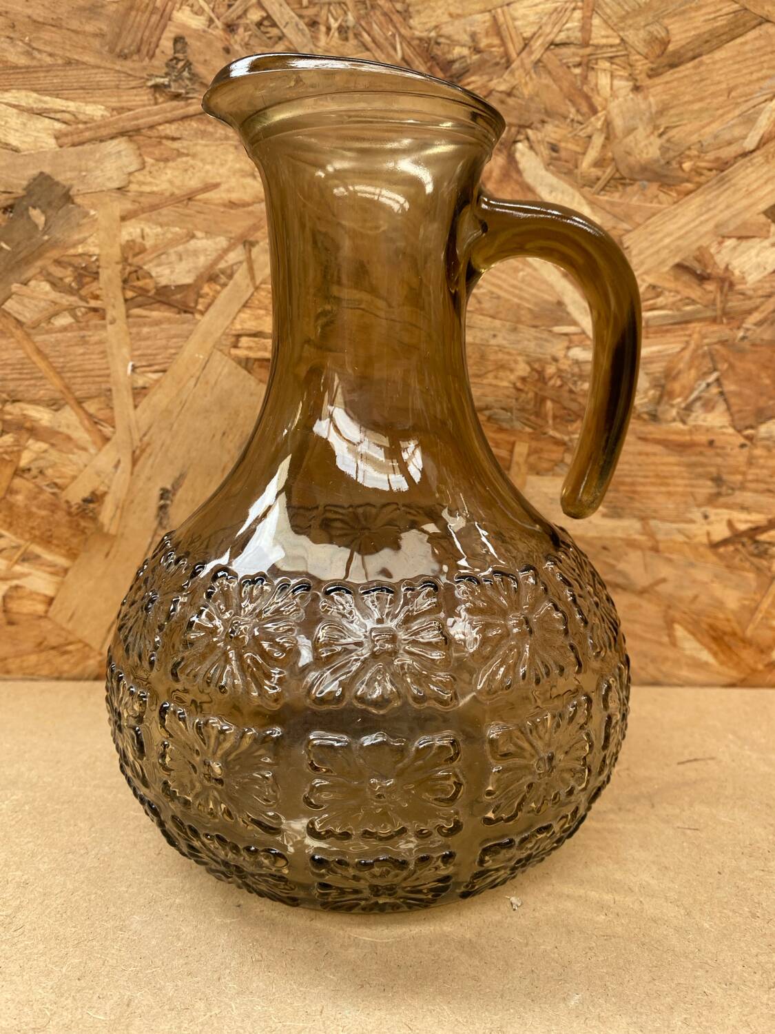Antique Pitcher Carafe Molded Glass Smoked Grey Flower Decor Relief Vintage