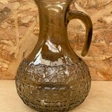 Antique Pitcher Carafe Molded Glass Smoked Grey Flower Decor Relief Vintage