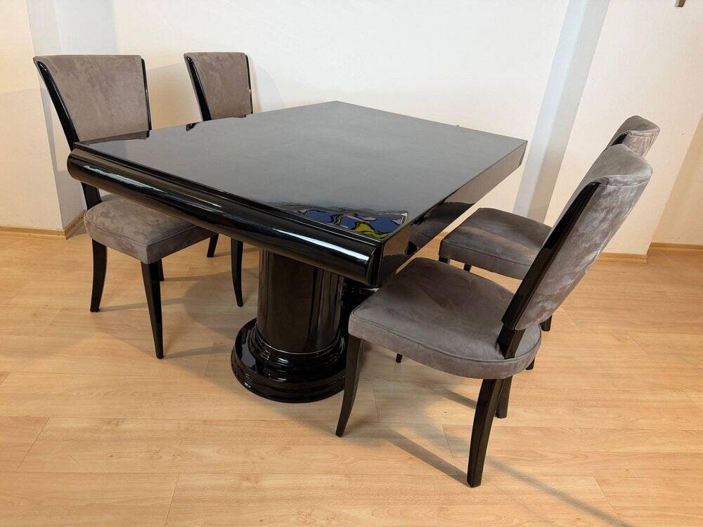 Art Deco dining table in black piano lacquer & metal, 1930