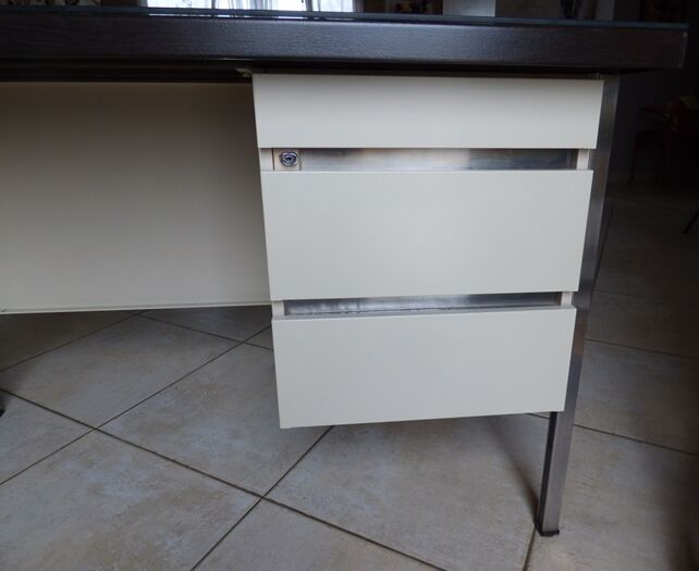 Industrial metal desk from the 70s with three drawers and glass top