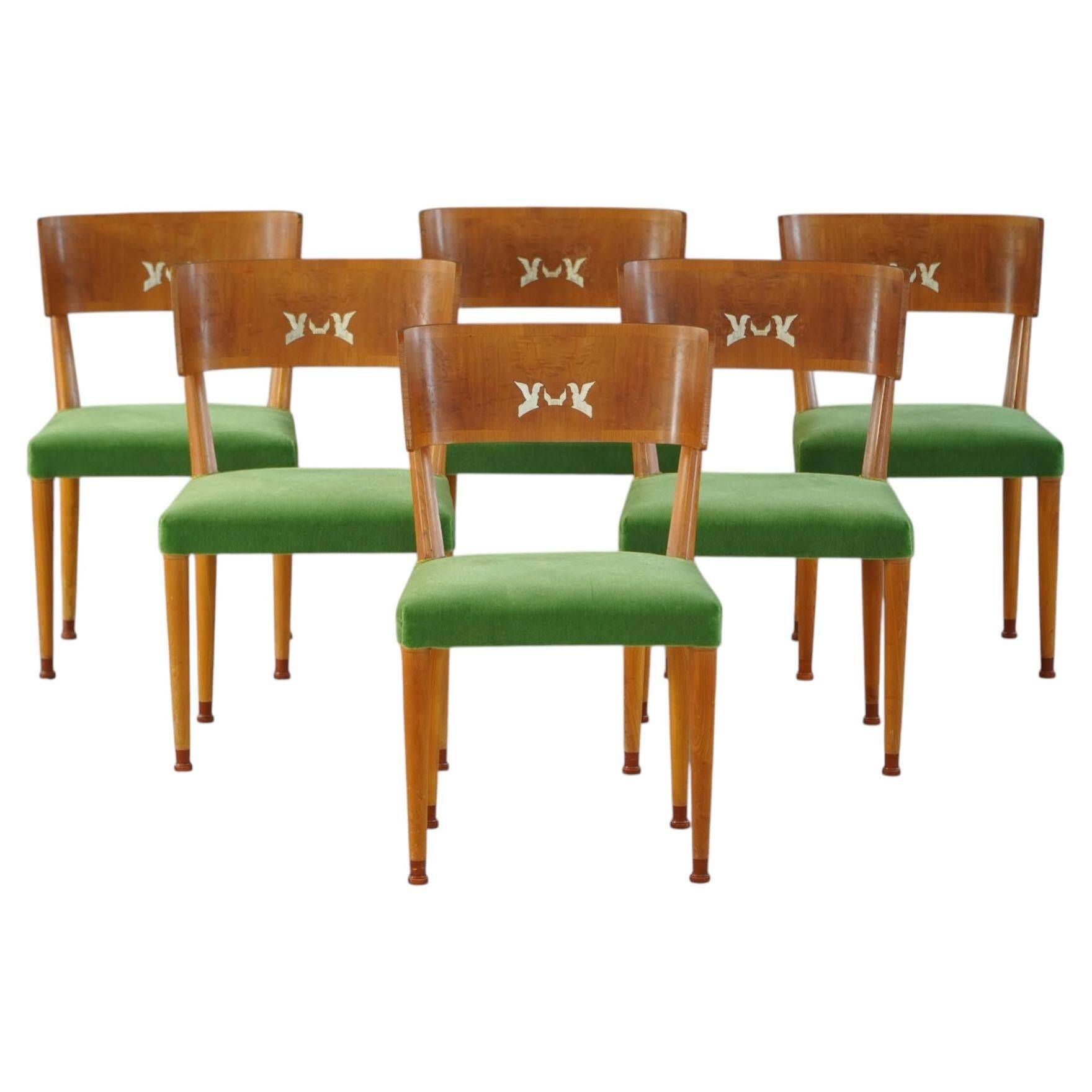 Swedish Art Deco, set of 6 "klismos" chairs, birch and mohair, griffin inlays, 1930s.