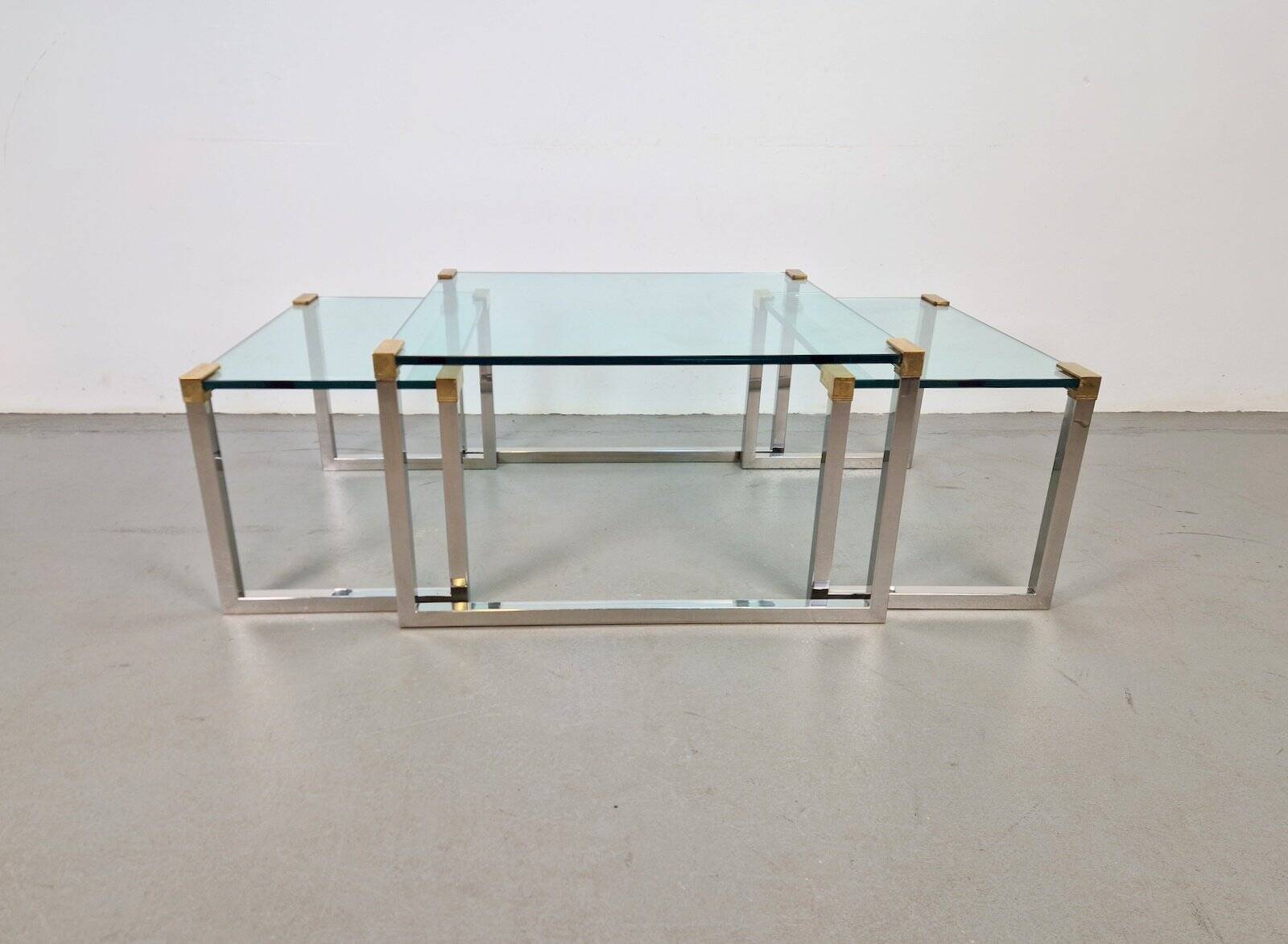 T53 Coffee and Side Tables in Brass and Glass by Peter Ghyczy, 1970s, Set of 3