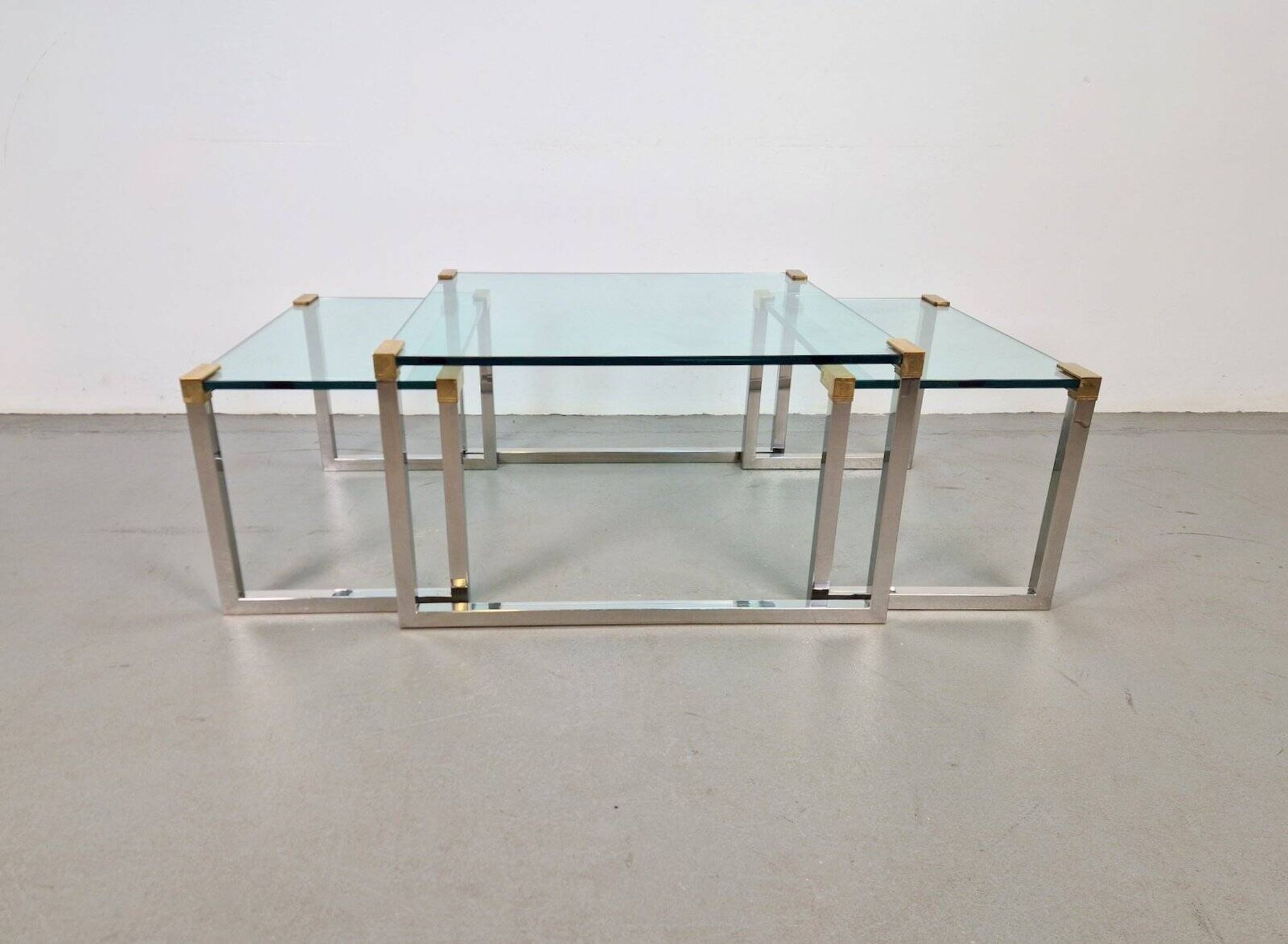 T53 Coffee and Side Tables in Brass and Glass by Peter Ghyczy, 1970s, Set of 3