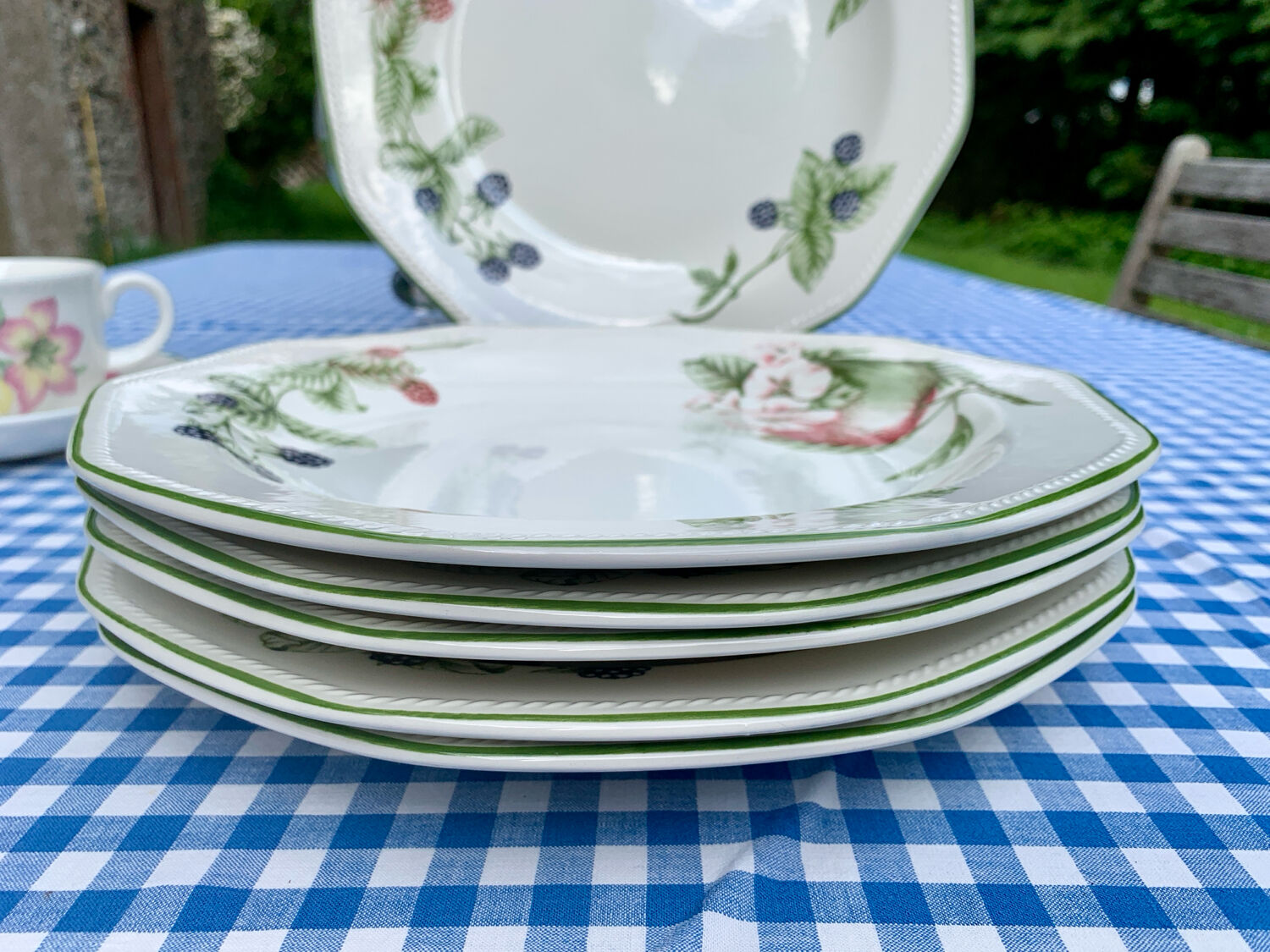 Six vintage flat English plates by Churchill Staffordshire.
