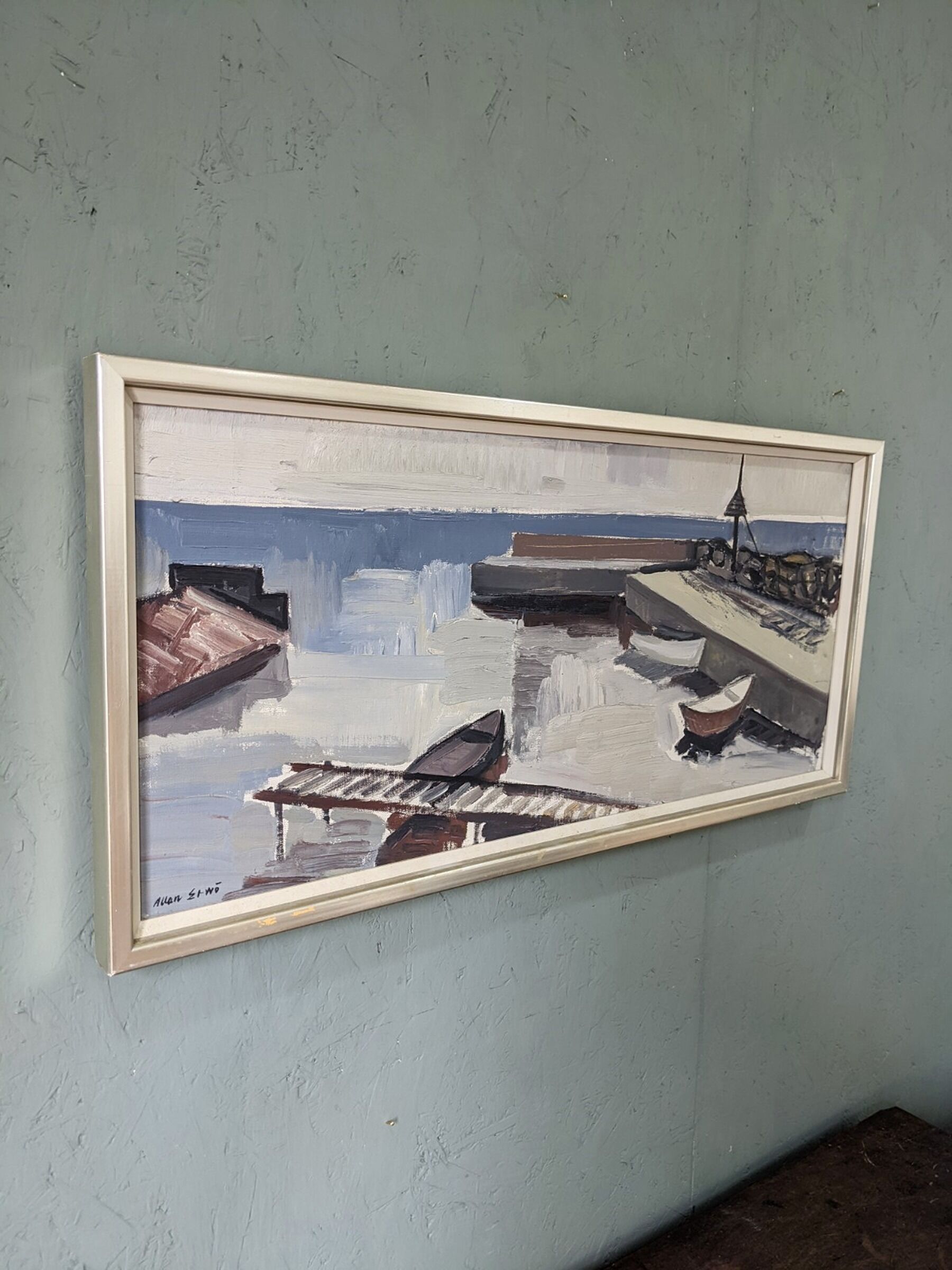 Mid-Century Modern Swedish "Boats at the Jetty" Vintage Coastal Landscape Oil Painting, Framed