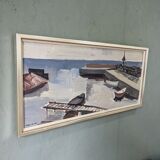 Mid-Century Modern Swedish "Boats at the Jetty" Vintage Coastal Landscape Oil Painting, Framed