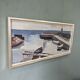 Mid-Century Modern Swedish "Boats at the Jetty" Vintage Coastal Landscape Oil Painting, Framed