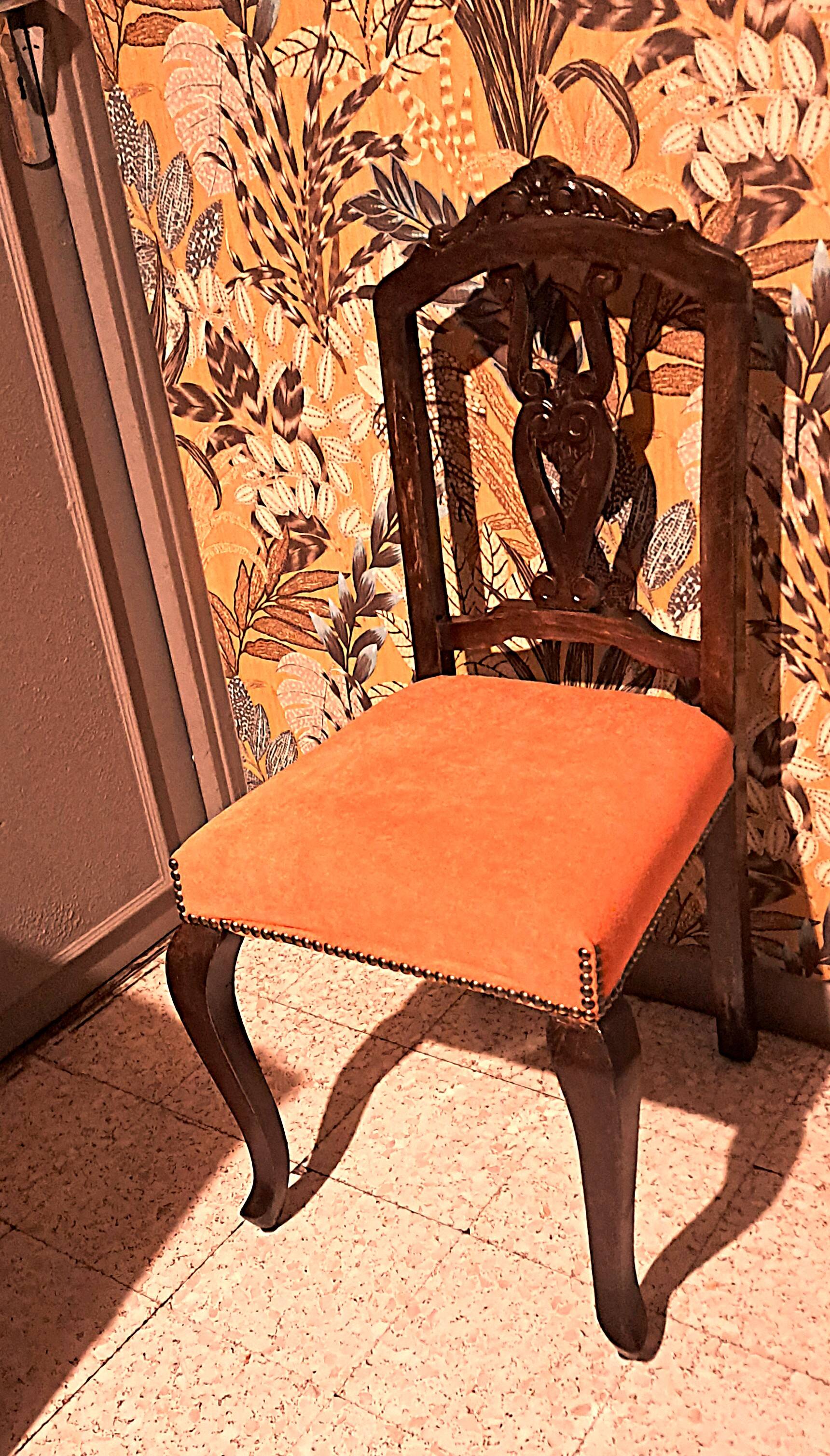 Varnished wood chair with orange velvet fabric, 1880/1900