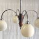 Art Deco chandelier with 4 lights in chrome metal and opaline globe - 1940s/50s