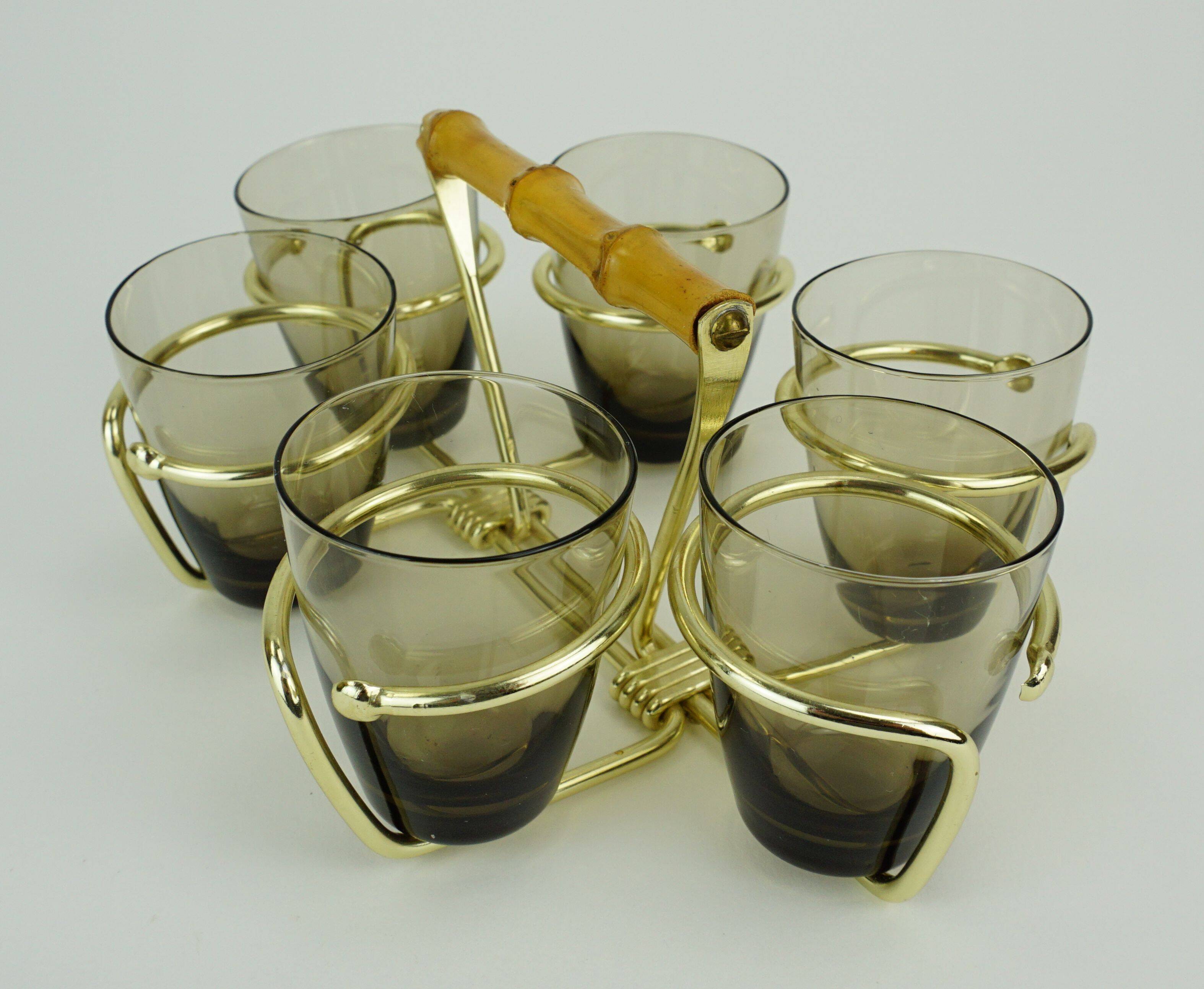 Set of 6 midcentury shot glasses in a brass holder with bamboo handle 1950s