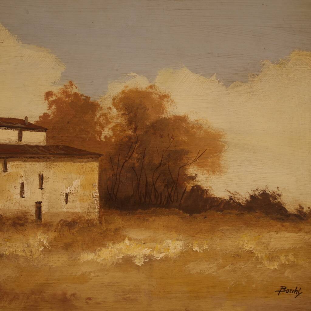 Signed painting landscape with a small house from the 20th century