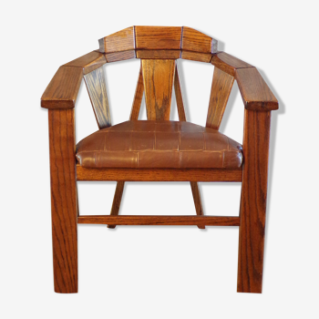 Fauteuil artisanal noyer et cuir 1960