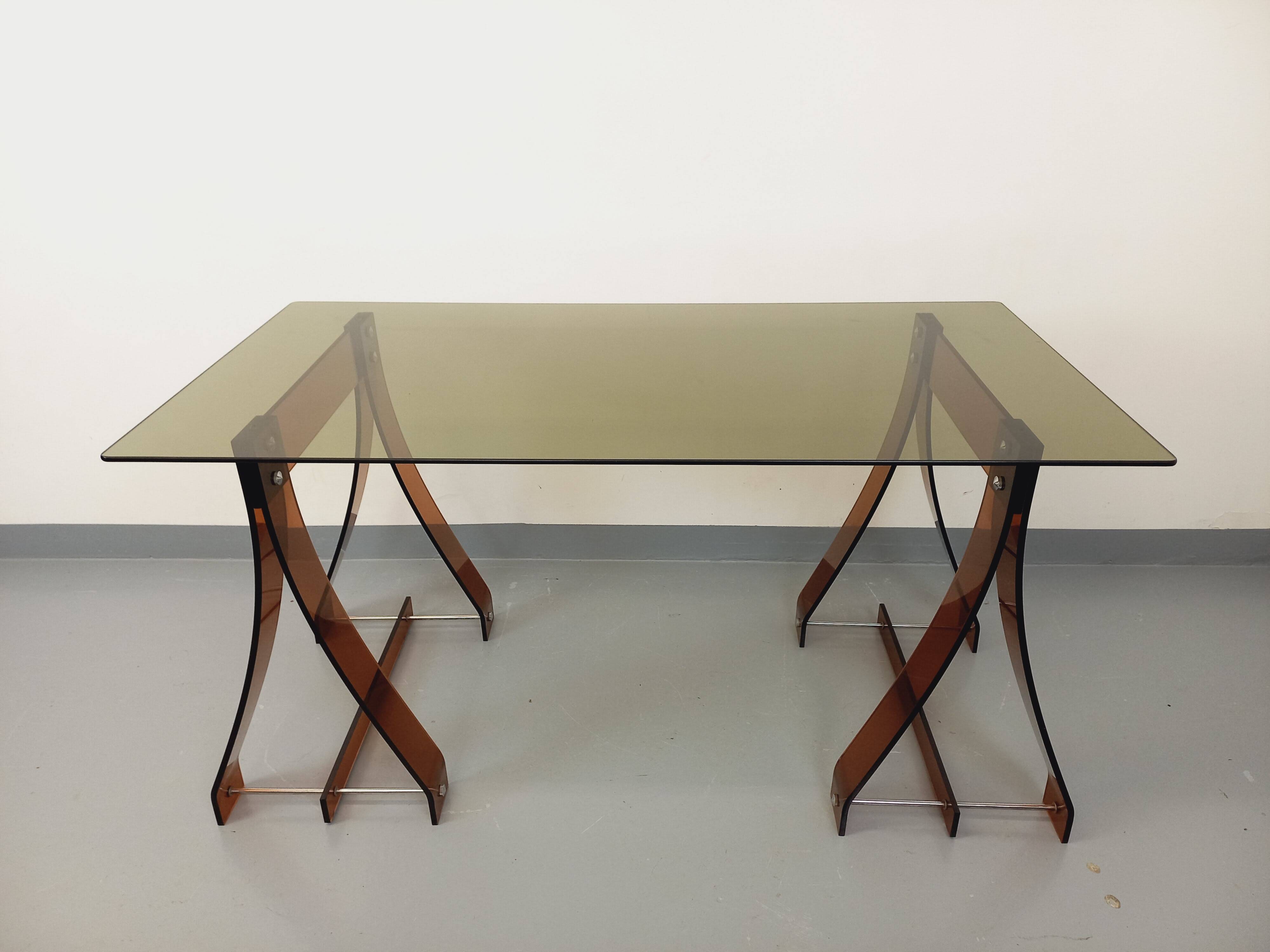 Vintage Marcello Gacita and Pierre Tiberi desk in smoked glass and plexiglass