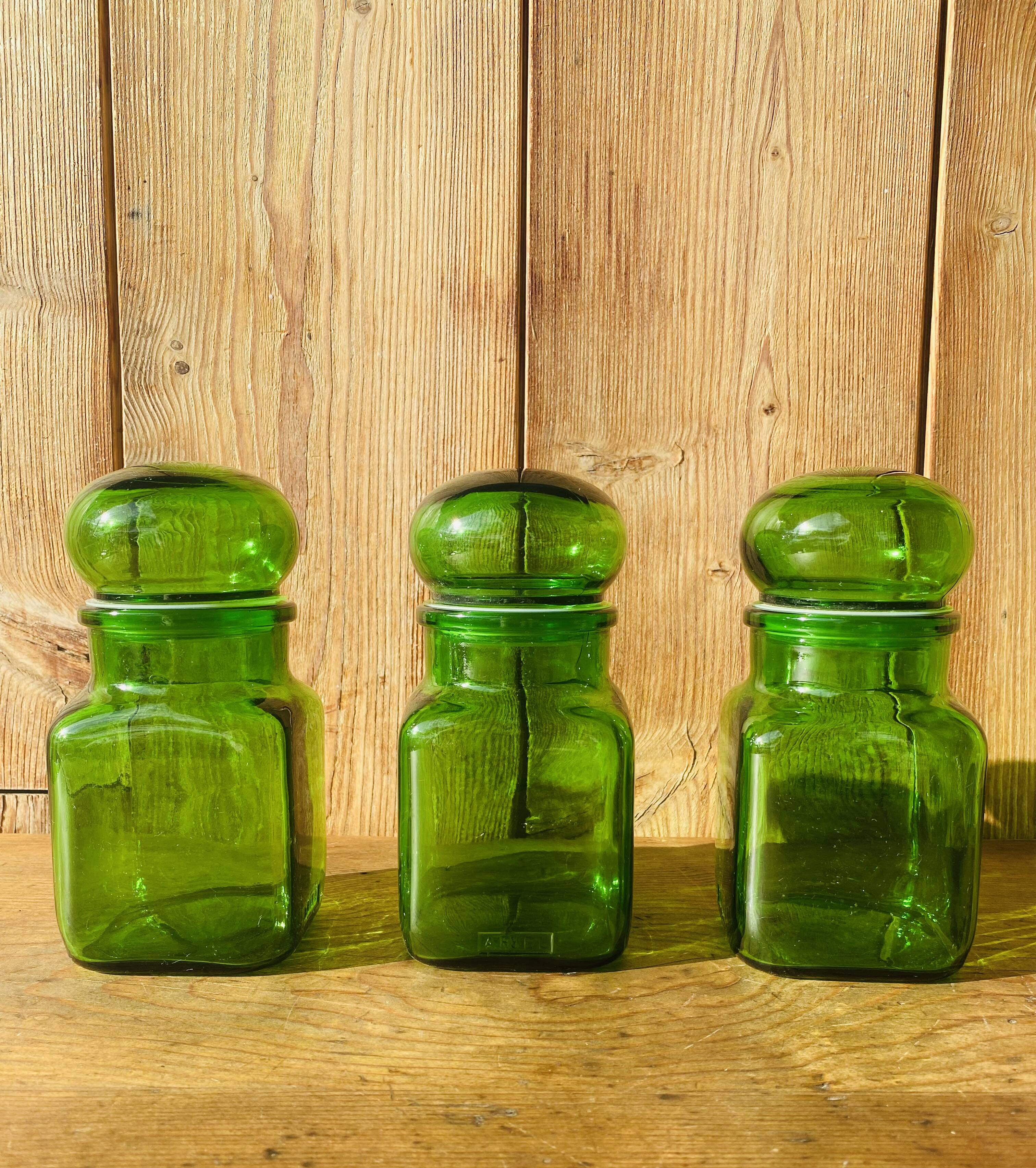 Set of 3 Ariel vintage green glass jars
