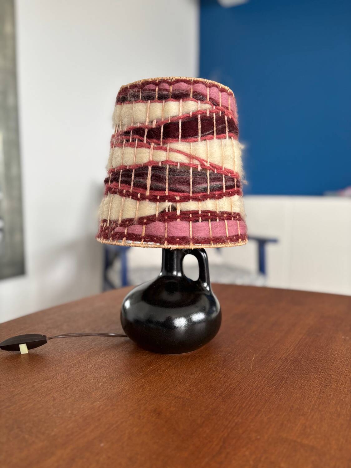 Vintage black ceramic lamp with hand-woven wool shade