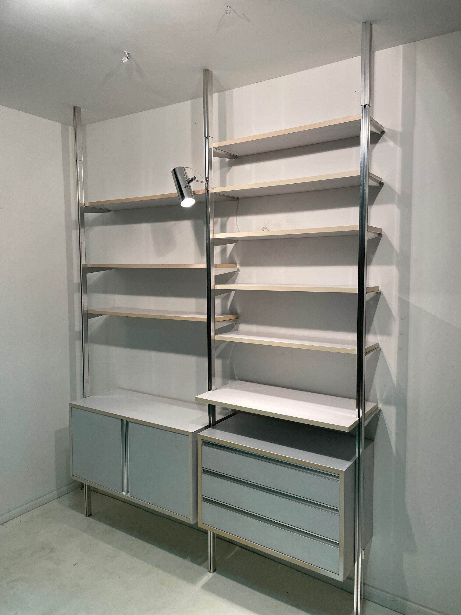 Modular library floor/ceiling buffet & chest of drawers