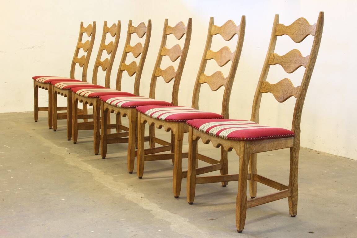Vintage 1960s Danish brutalist ladderback oak chairs in the style of Kjærnulf