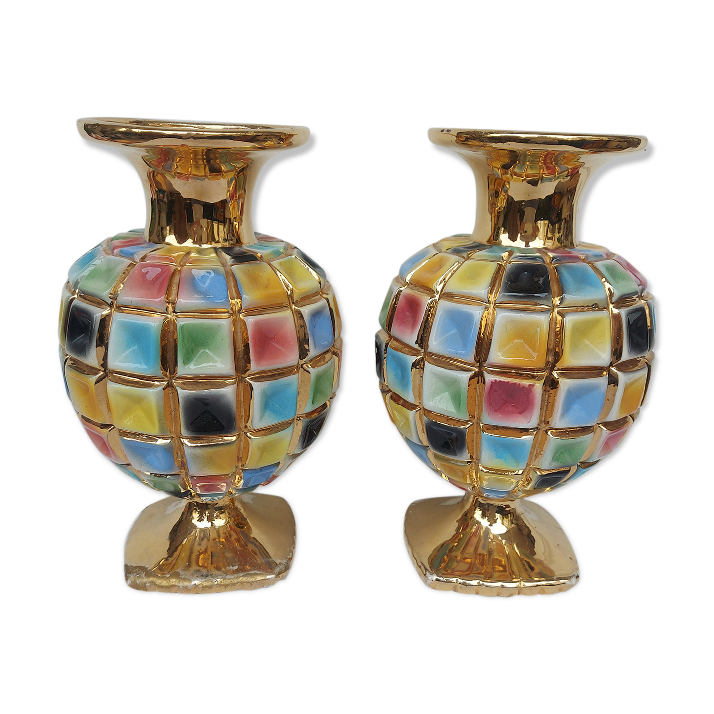 PAIR OF CERAMIC VASES DOREE, POLYCHROME, VINTAGE ITALY 60'S