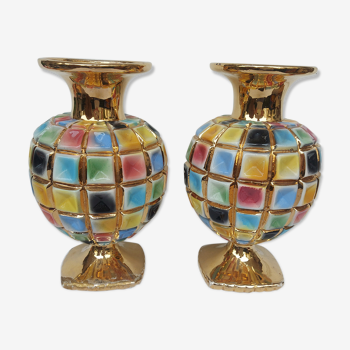 Paire de vases en céramique dorée polychrome vintage italie 60's
