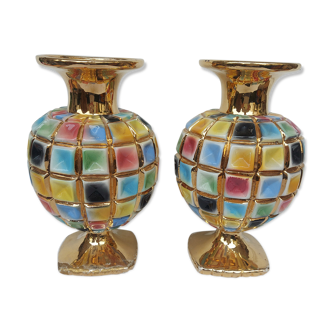 PAIR OF CERAMIC VASES DOREE, POLYCHROME, VINTAGE ITALY 60'S