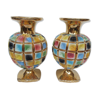 Paire de vases en céramique dorée polychrome vintage italie 60's