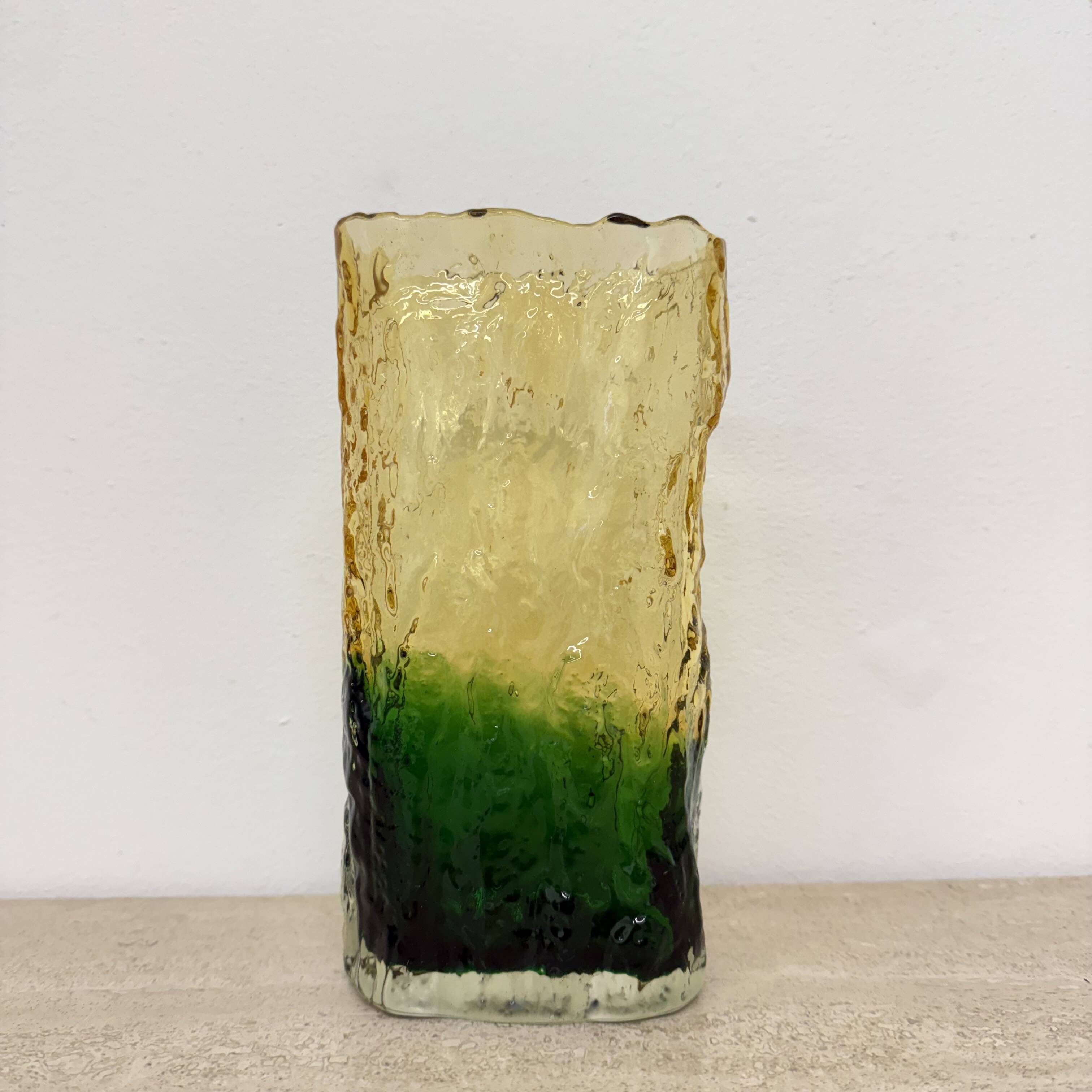 Vintage bark glass vase yellow and green , 1970’s