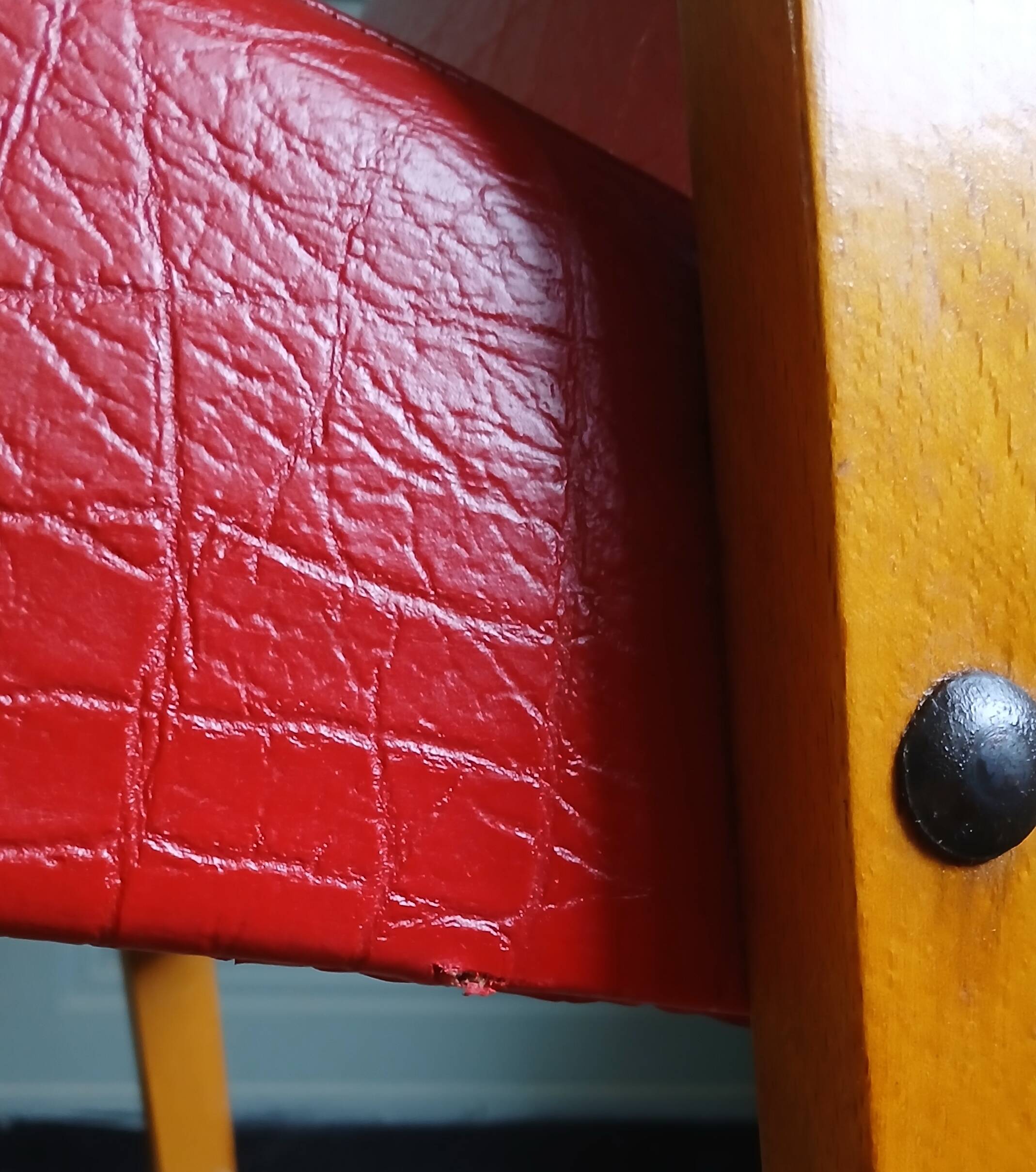 Compass leg armchair in solid beech & red crocodile-effect faux leather