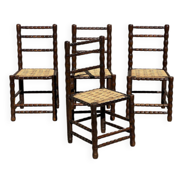 4 wooden and rope bobbin leg chairs attributed to Charles Dudouyt 1940